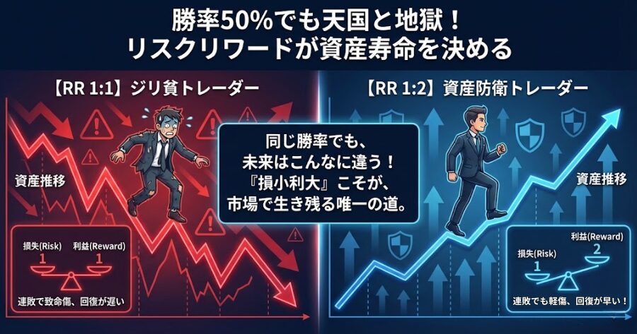 リスクリワード1:1と1:2のトレーダーの資産推移比較。1:2のトレーダーは連敗しても資金減少が緩やかで、回復が早いことを示すグラフ