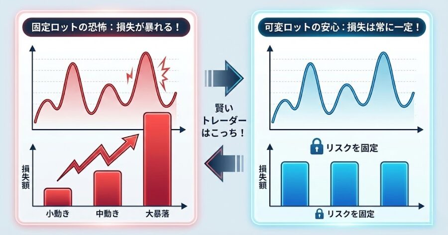 固定ロットの場合(左)は相場の変動幅によって損失額が大きく変わるが、可変ロットの場合(右)は相場の変動幅に関わらず損失額が一定に保たれることを対比した棒グラフ図解。