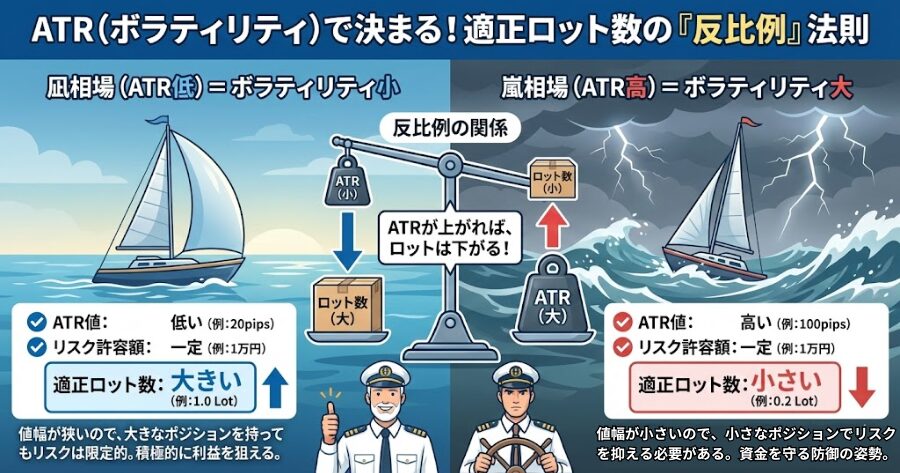 凪相場(ATR低)と嵐相場(ATR高)でのロット数算出シミュレーション比較表。ATRが上がると適正ロット数が下がる反比例の関係を図解。