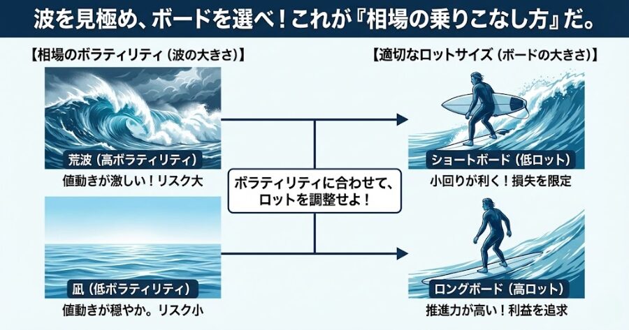 サーファーが波の大きさに合わせてサーフボードのサイズを選んでいるイラスト。相場のボラティリティに合わせてロットサイズを変えることのメタファー。