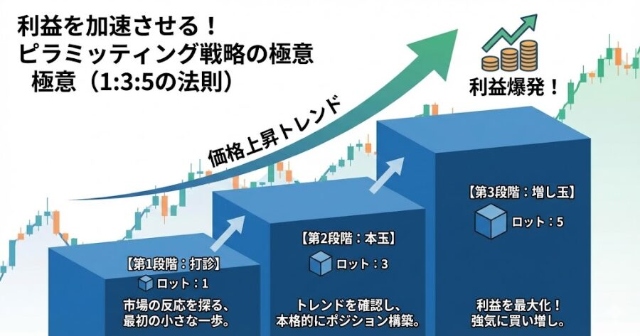 打診、本玉、増し玉の3段階でポジションを積み上げていく「ピラミッティング」のイメージ図。価格上昇に伴ってロット数が増えていく様子を階段状に表現。