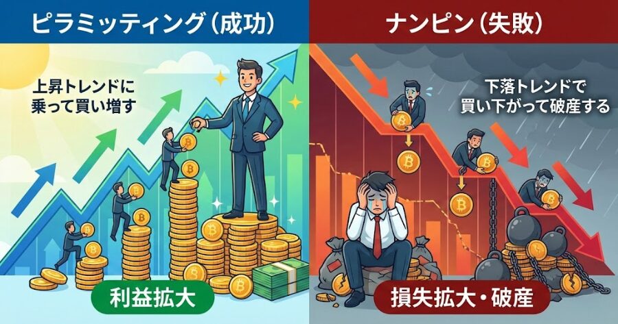 上昇トレンドに乗って買い増す「ピラミッティング(成功)」と、下落トレンドで買い下がって破産する「ナンピン(失敗)」の対比イラスト。ナンピン側のトレーダーが頭を抱えている様子。