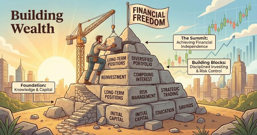 トレーダーが石(ポジション)を積み上げてピラミッドを建設しているイラスト。頂上には「Financial Freedom」の旗が立っている。