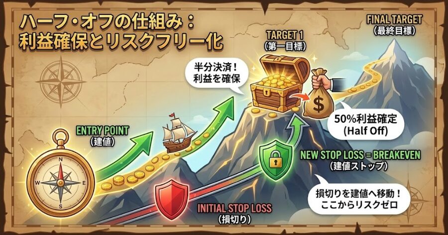 エントリー地点から価格が上昇し、第一目標で半分決済、同時に損切りラインを建値に移動する様子を示した「ハーフ・オフ」の仕組み図解。