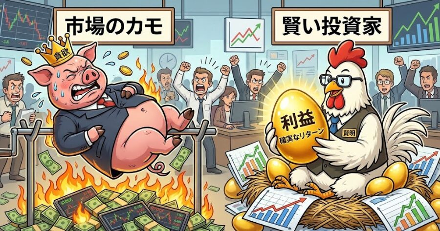 「貪欲な豚」が市場で焼かれている横で、「賢いニワトリ」が金の卵(利益)を確実に抱えている風刺イラスト。
