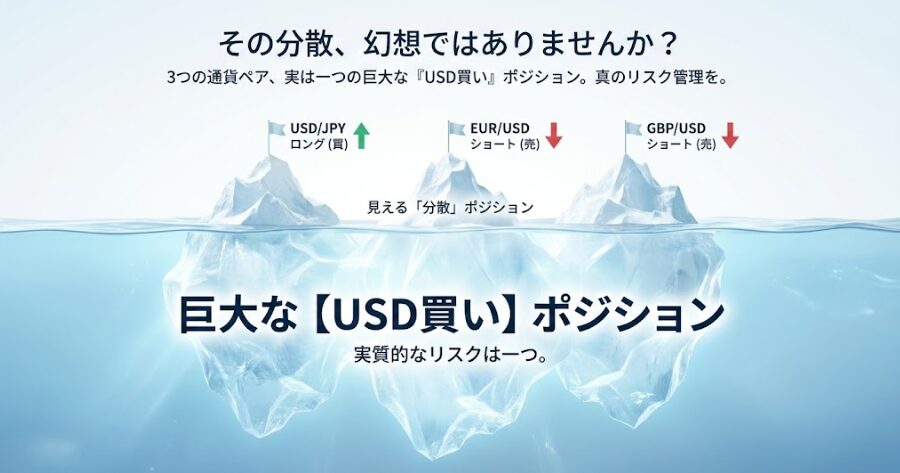 3つの異なる通貨ペア(ドル円ロング、ユロドルショート、ポンドドルショート)を持っているつもりが、実質的には巨大な「USD買い」ポジション一つになっていることを示す氷山のイラスト。
