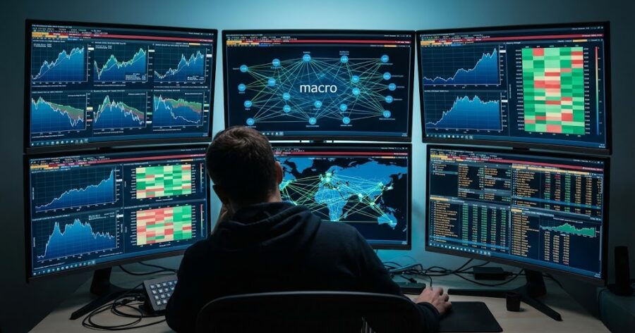 複数のモニターで相関チャートや通貨強弱を監視し、全体像(森)を把握しているプロトレーダーの後ろ姿。