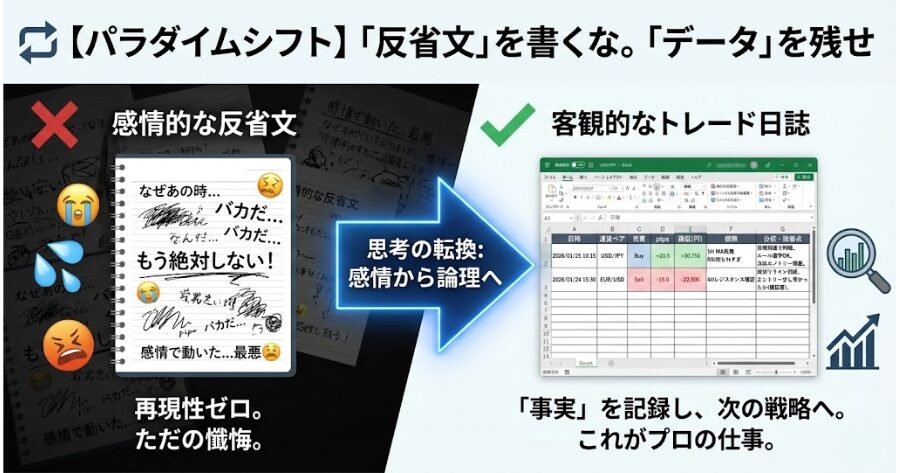 Excelで作成されたトレード日誌のサンプル画像。日時、通貨ペア、売買、pips、損益、根拠、反省点などの項目が整然と並んでいる。