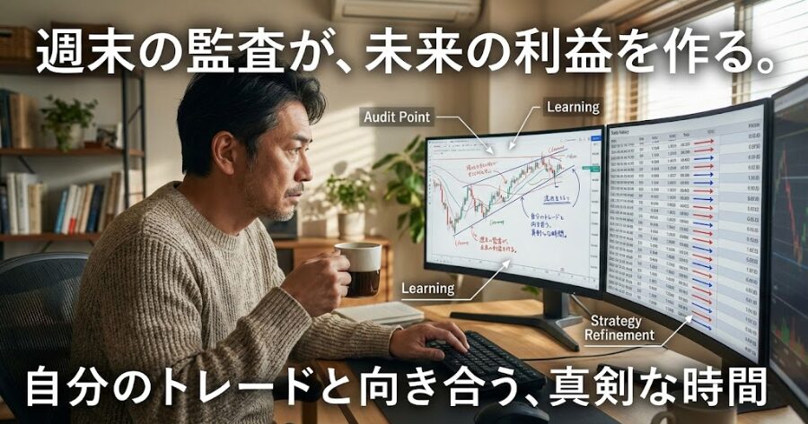  週末にコーヒーを飲みながら、PC画面で自分のトレード履歴とチャートを真剣な表情で分析（監査）しているトレーダーの様子。