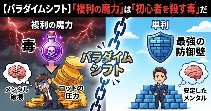 【パラダイムシフト】「複利の魔力」は「初心者を殺す毒」だ
ロットの圧力がメンタルを破壊する
「単利」こそが最強の防御壁