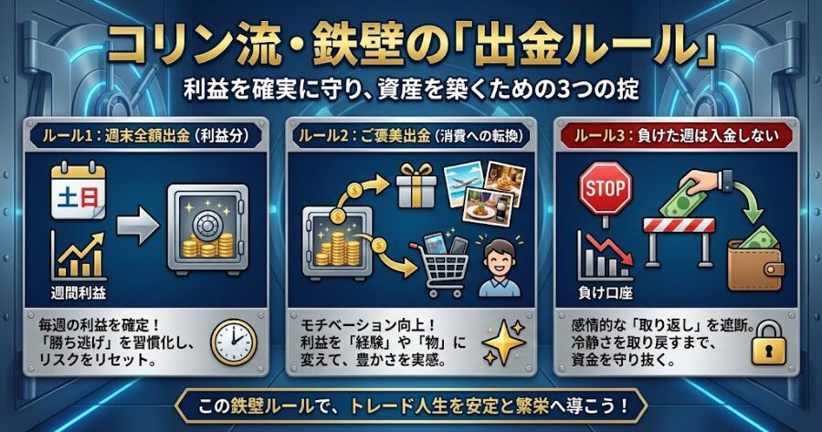コリン流・鉄壁の「出金ルール」
ルール1:週末全額出金(利益分)
ルール2:ご褒美出金(消費への転換)
ルール3:負けた週は入金しない