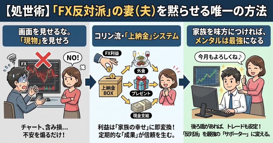 【処世術】「FX反対派」の妻(夫)を黙らせる唯一の方法
画面を見せるな。「現物」を見せろ
コリン流・「上納金」システム
家族を味方につければ、メンタルは最強になる