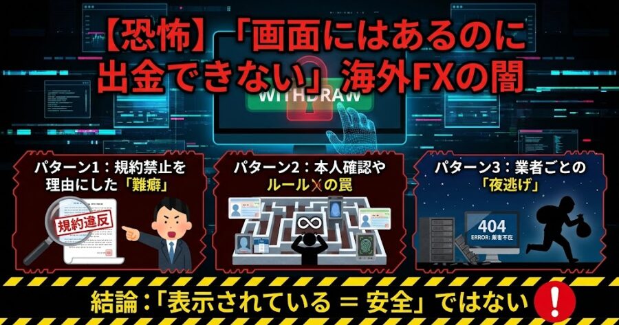【恐怖】「画面にはあるのに出金できない」海外FXの闇
パターン1:規約禁止を理由にした「難癖」
パターン2:本人確認やルールの罠
パターン3:業者ごとの「夜逃げ」
結論:「表示されている = 安全」ではない