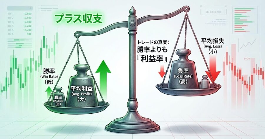 「勝率 × 平均利益」と「負率 × 平均損失」のバランスを示す天秤のイラスト。勝率が低くても利益の重りで天秤がプラスに傾いている図解。