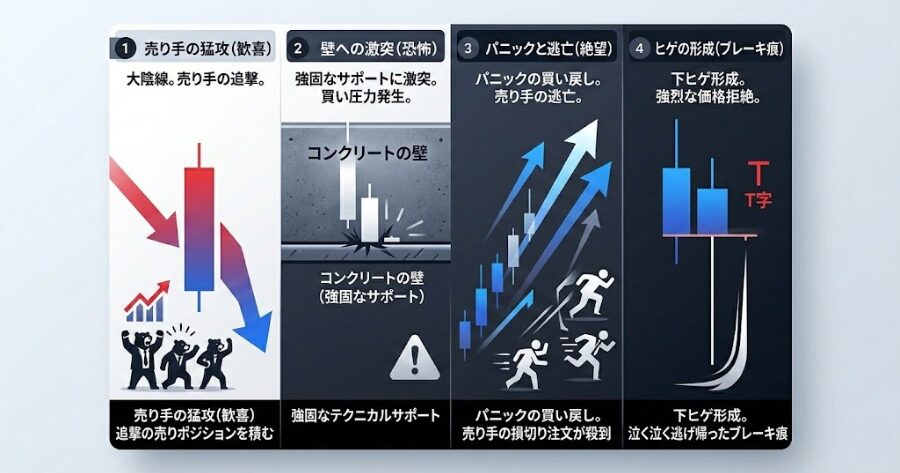売り手の猛攻(歓喜)壁への激突(恐怖) パニックと逃亡(絶望)ヒゲの形成(ブレーキ痕)