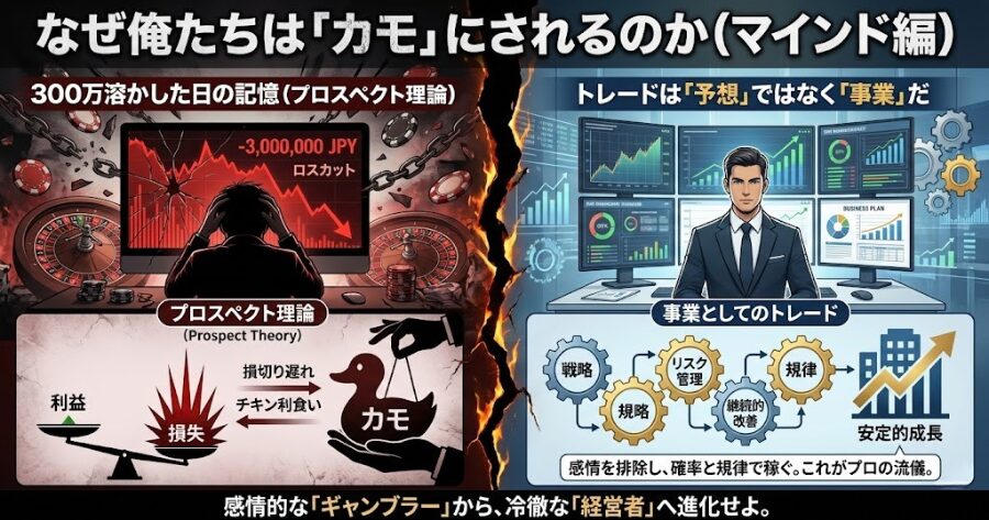 なぜ俺たちは「カモ」にされるのか(マインド編)
300万溶かした日の記憶(プロスペクト理論)
トレードは「予想」ではなく「事業」だ