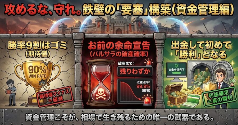 攻めるな、守れ。鉄壁の「要塞」構築(資金管理編)
勝率9割はゴミ(期待値)
お前の余命宣告(バルサラの破産確率)
出金して初めて「勝利」となる