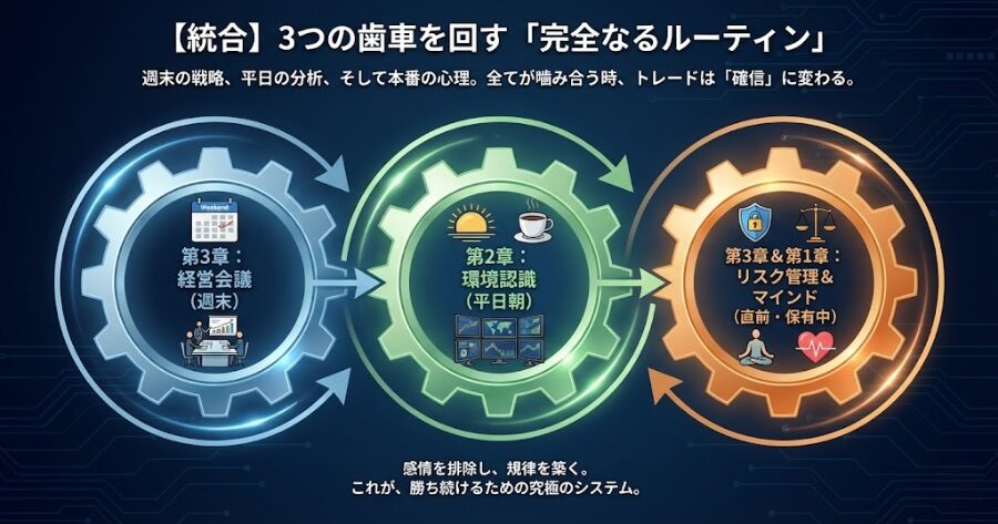 【統合】3つの歯車を回す「完全なるルーティン」
週末(第3章:経営会議)
平日朝(第2章:環境認識)
エントリー直前(第3章:リスク管理)
保有中(第1章:マインド)