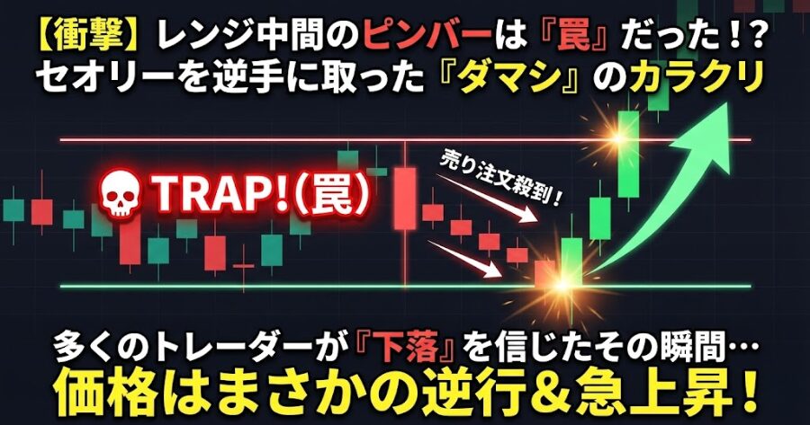レンジ相場の中間地点に出現したピンバーに「Trap(罠)」のマークがつき、その後に価格が逆行して上昇していくチャート図解。