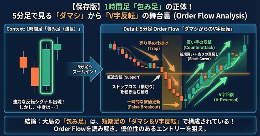 1時間足の包み足を5分足チャートに分解し、「安値更新のダマシ」から「V字反転」するまでの値動き（Order Flow）を示した図解。