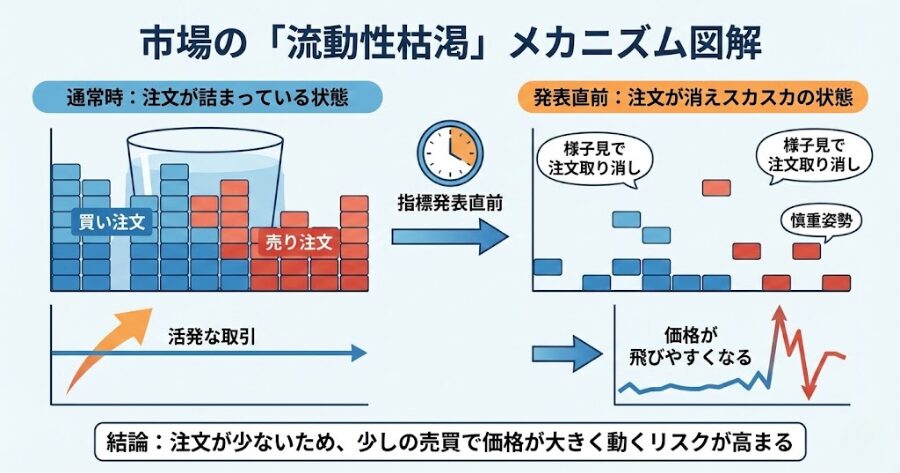 普段は注文（板）が詰まっている市場が、指標発表直前になると注文が消えスカスカになり、価格が飛びやすくなる「流動性枯渇」のメカニズム図解。