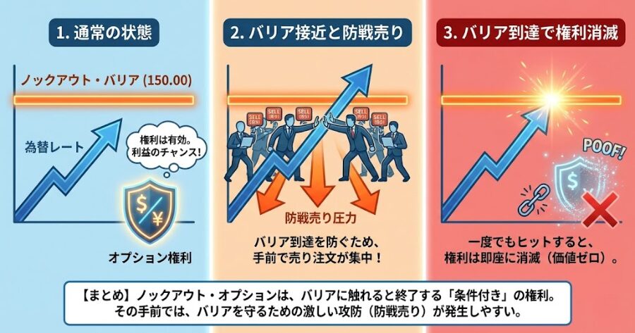 通貨オプションの「ノックアウト・オプション」の仕組みを図解。設定されたバリア価格（例：150.00）にヒットすると権利が消滅する様子と、それを防ぐために手前で発生する「防戦売り」の圧力イメージ。