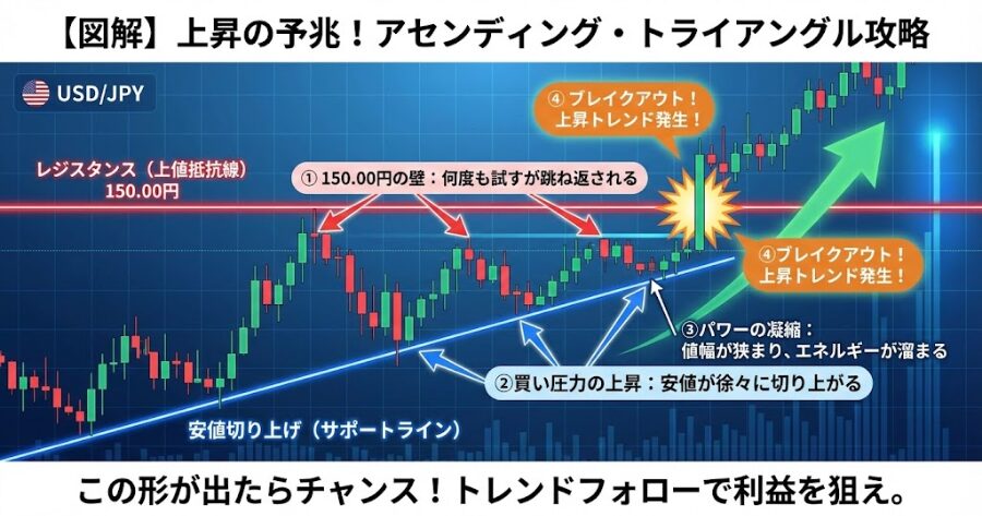 150.00円という水平線（レジスタンス）に対し、安値を徐々に切り上げながら三角形を作り、最終的に勢いよくブレイクする「アセンディング・トライアングル」のチャート図解。
