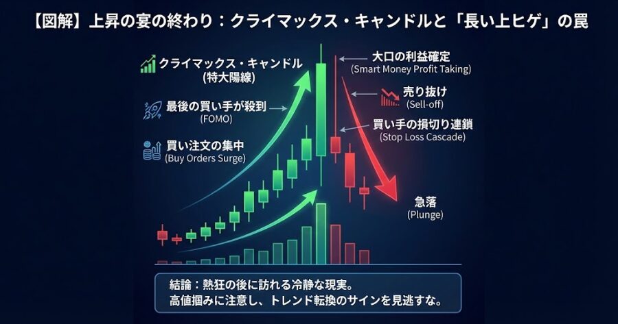 上昇トレンドの最後に特大の陽線（クライマックス・キャンドル）が出現し、多くの買い注文を巻き込んだ直後に急落して長い上ヒゲを形成しているチャート図解。