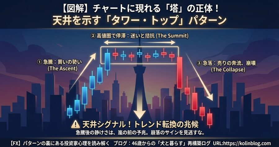 急騰した後に高値圏で数本のローソク足が横ばいになり、その後大陰線で急落して「塔」のような形を形成する「タワー・トップ」のチャート図解。
