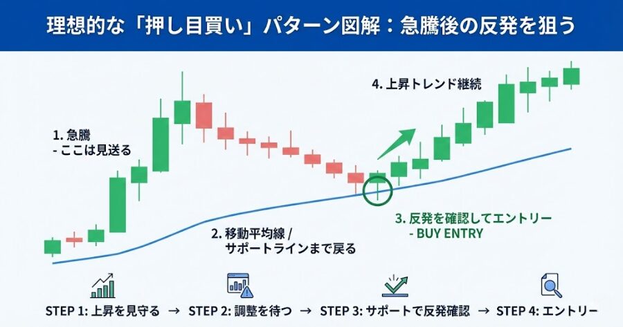 急騰を見送った後、価格が移動平均線やサポートラインまで戻ってくるのを待ち、反発を確認してからエントリーする「押し目買い」の理想的なチャートパターンの図解。