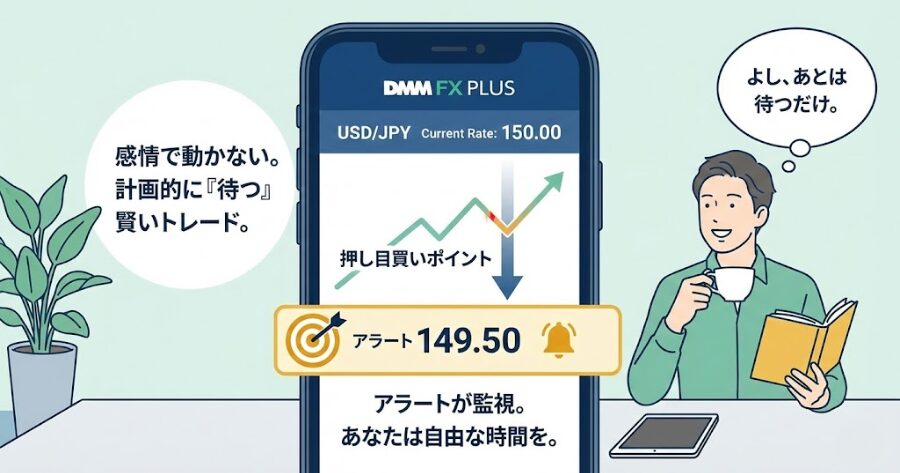 DMM FX PLUSのプライスアラート設定画面。「現在値」ではなく、少し下の「押し目買いポイント」にアラートを設定し、計画的に待つ様子。