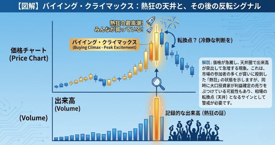 価格が急騰して天井をつける際、チャート下部の出来高バーが突出して高くなっている「バイイング・クライマックス」の現象を図解。