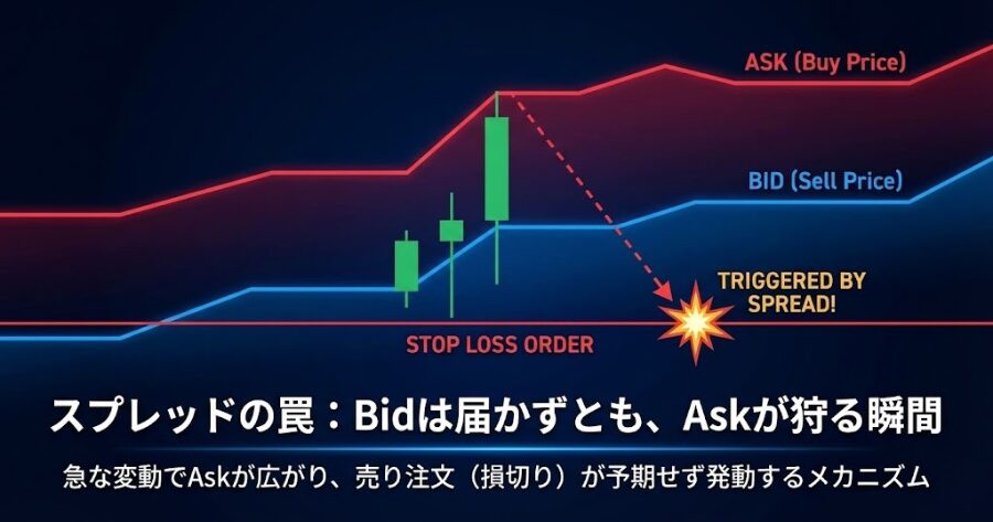 チャート上のローソク足（Bid）は損切りラインに届いていないのに、Askライン（買値）が広がったことで損切り注文が発動してしまったメカニズムの図解。BidラインとAskラインの乖離を強調。