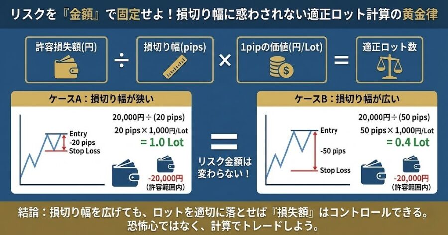 損切り幅（pips）と許容損失額（円）から、適正なロット数を算出する計算式の図解。損切り幅を広げても、ロットを落とせばリスク（金額）は変わらないことを強調。
