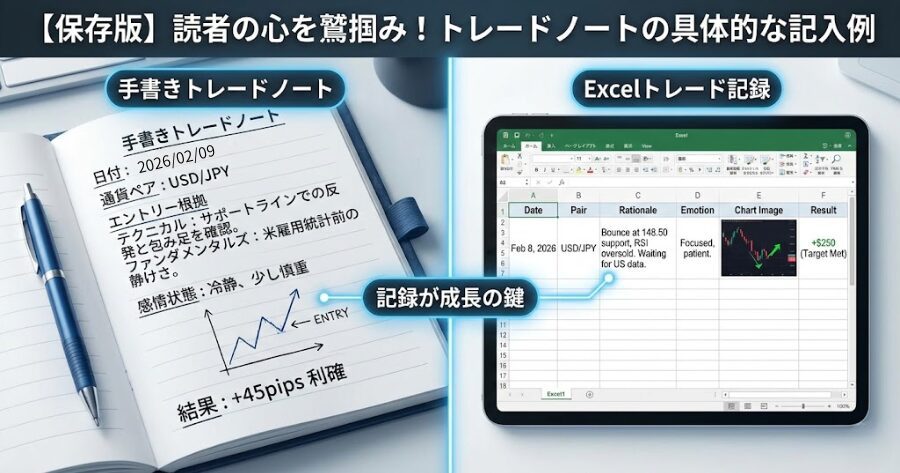 日付、通貨ペア、エントリー根拠、感情状態、チャート画像、結果を記録したトレードノート（Excelや手書き）の具体的な記入例の画像。