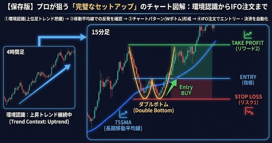 環境認識からエントリー、利確までの流れを示したチャート図。移動平均線での反発、ダブルボトム形成、IFO注文のラインが描かれている「完璧なセットアップ」の例。