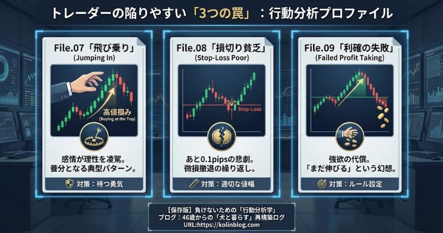 自滅するトレーダーのプロファイル

File.07「飛び乗り」：養分の証明

File.08「損切り貧乏」：あと0.1pipsの悲劇

File.09「利確の失敗」：強欲の代償