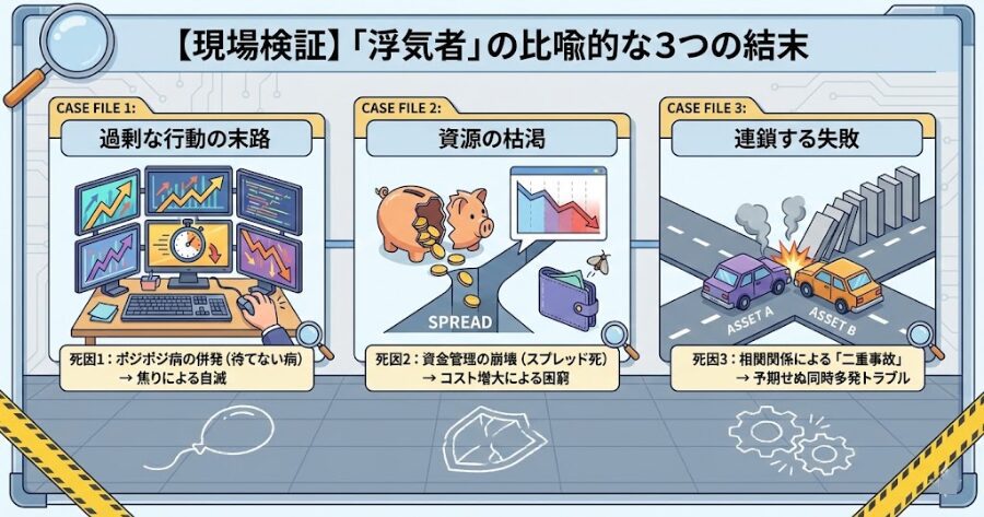 【現場検証】浮気者が死ぬ3つの死因
死因1:ポジポジ病の併発(待てない病)
死因2:資金管理の崩壊(スプレッド死)
死因3:相関関係による「二重事故」