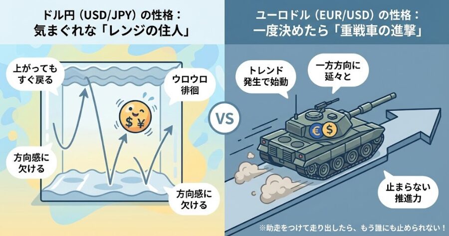 ドル円は上下に動きやすいが、ユーロドルはトレンドが出ると一方方向に長く伸びるため、「上がりすぎだから売り」といった逆張りは通用せず、トレンドに乗って順張りでついていくしかない。