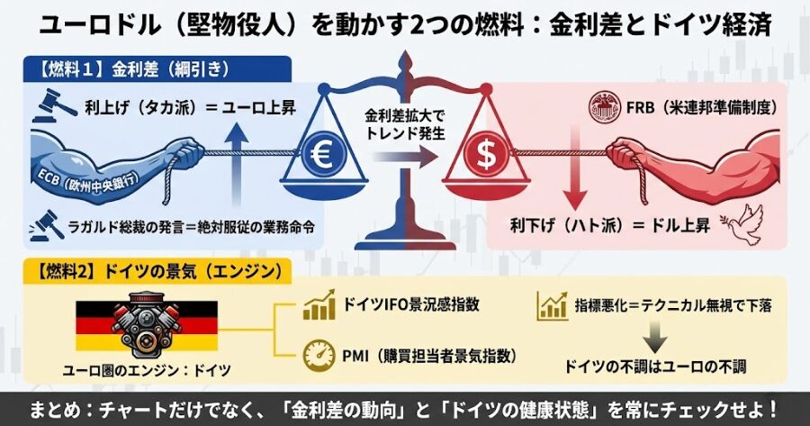 ユーロドルは欧米の金利差とドイツ経済の動向に大きく左右され、ECBとFRBの政策スタンス、ラガルド総裁の発言、ドイツのIFO景況感やPMIなどの指標が為替を動かす要因となる。