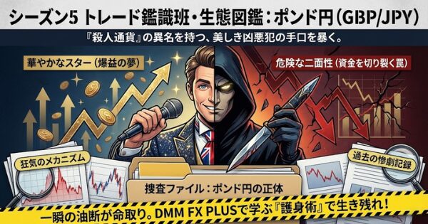 【ポンド円＝殺人鬼】そのボラティリティは利益か凶器か。初心者を狩る「合成通貨」の罠と「ロンドンフィックス」の恐怖を鑑識班長コリンが解剖。DMM FX PLUSの4分割チャートとスピード注文で、この凶悪犯から利益を掠め取る護身術を伝授する。