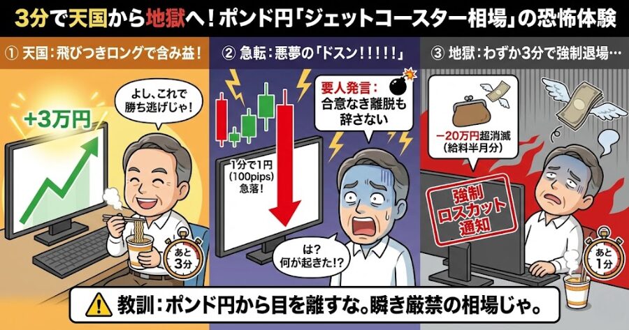 教訓:ポンド円から目を離すな。瞬きする間に死ぬぞ。