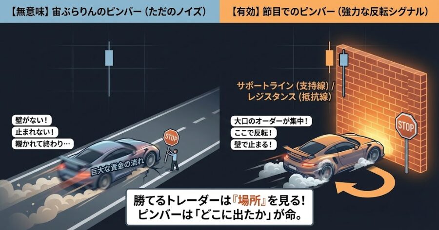 交通量の多い道路での「居眠り」「何もない場所（宙ぶらりんの空間）」に出たピンバーは、ただのノイズじゃ。壁（サポート）がない場所でのピンバーは、ただの「行き止まりのない迷路」なんじゃよ。