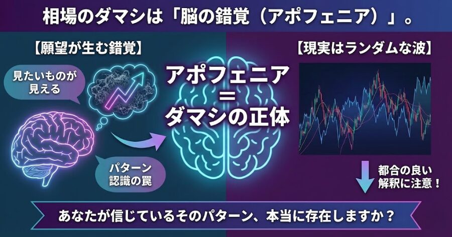 「自分が知っている形（ピンバー）」を見つけると、脳が勝手に意味づけをしてしまう「アポフェニア（無意味な情報の中に規則性やパターンを見出す知覚バイアス）」と言う。