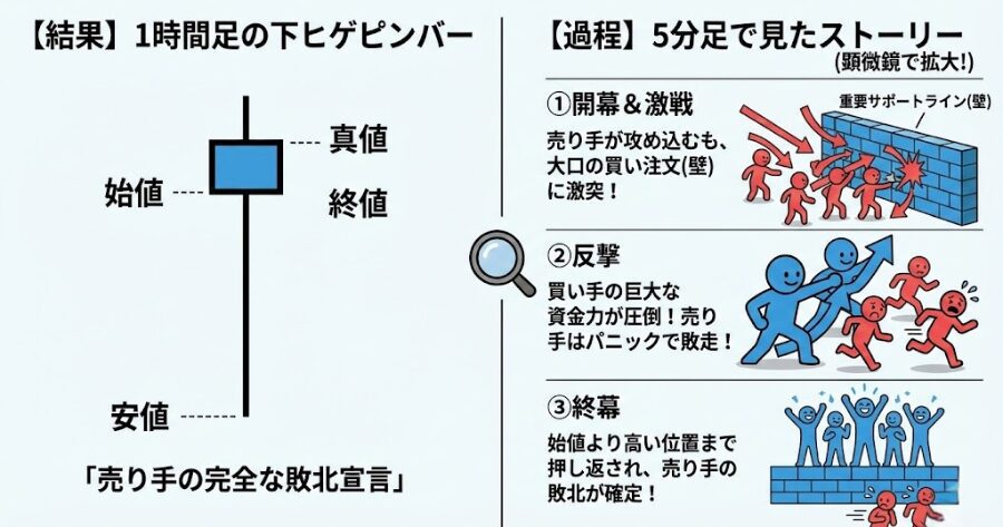 開幕（始値）： 売り手が自信満々で攻め込んできた。「よっしゃ！サポートラインを割るぞ！もっと下げるぞ！」激戦（安値）： 重要なサポートライン（壁）に到達。しかし、ここには「下がったら買おう」と待ち構えていた大口の買い注文（指値）が大量に潜んでいた。ここで大激突が起きる。反撃（ヒゲの形成）： 買い手の巨大な資金力が売り手を圧倒し、価格を一気に上へと押し戻す。売り手はパニックになり、慌てて損切り（買い戻し）をして逃げ惑う。終幕（終値）： 結局、1時間前の始まった場所（始値）よりも高い位置まで押し返されて、ローソク足が確定した。