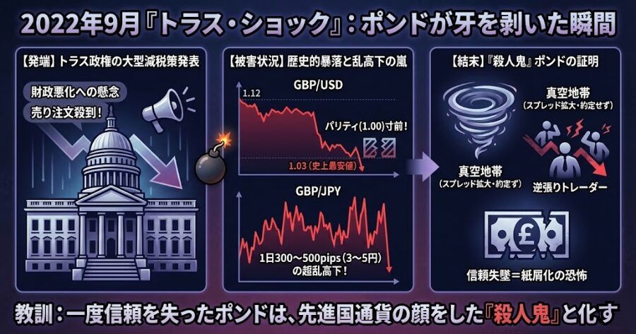 トラス・ショック300pips〜500pips(3円〜5円)動く日が続いた。