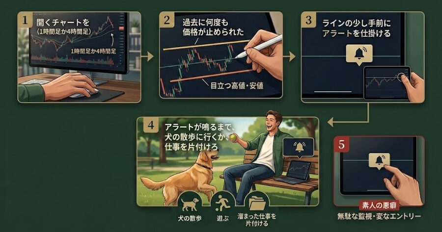 環境認識(水平線を引いて、犬と遊んで待つ)